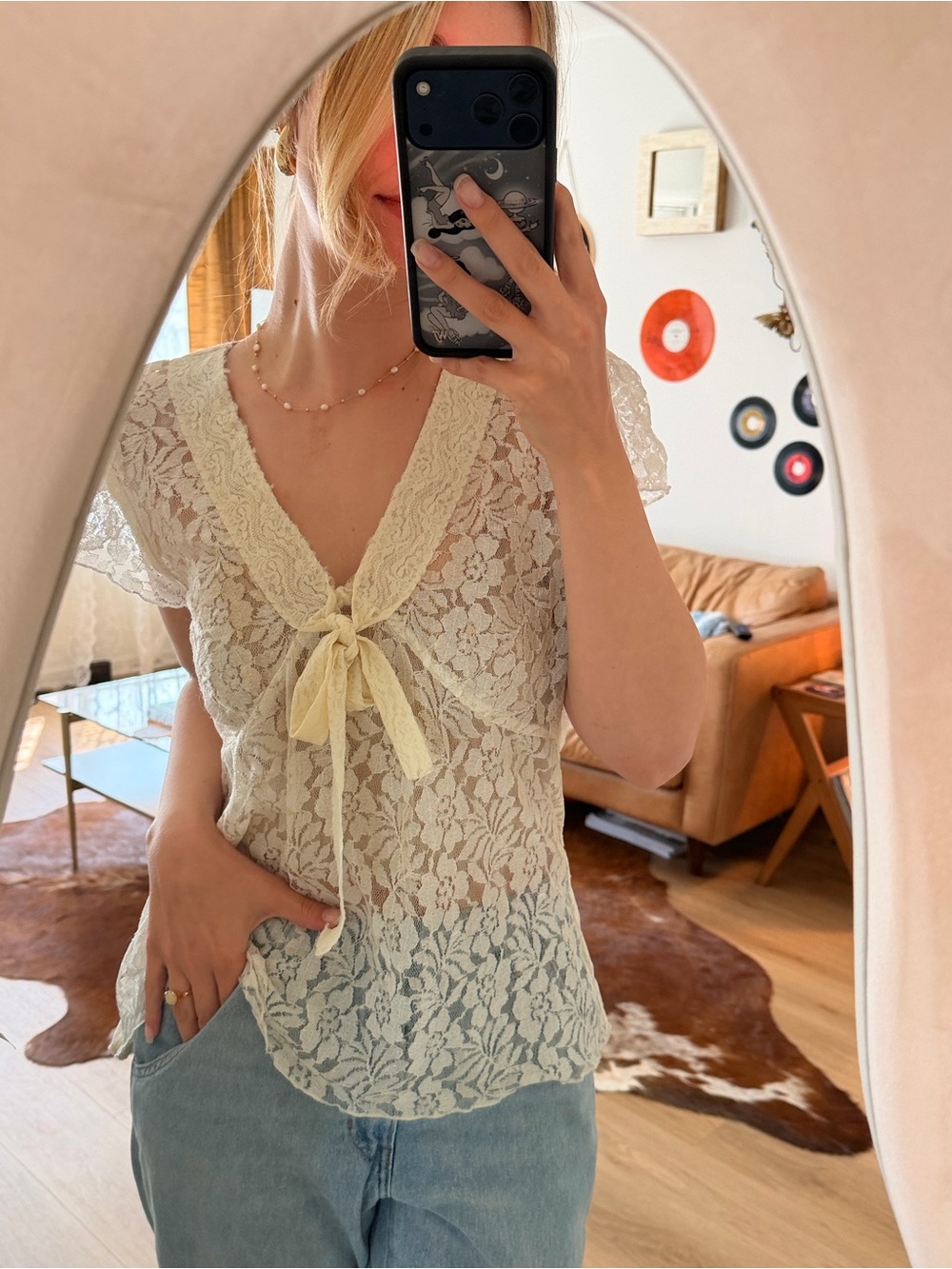 Vintage Sheer Lace Bow Tie Blouse in Cream